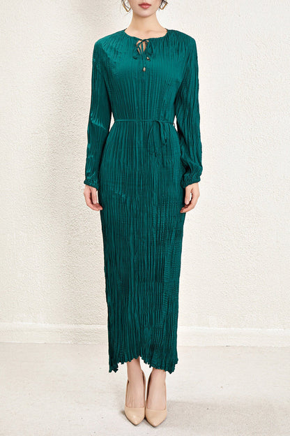 Pleats Please Irregular Pleated Dress – Long-Sleeve Cinched-Waist Elegant Style