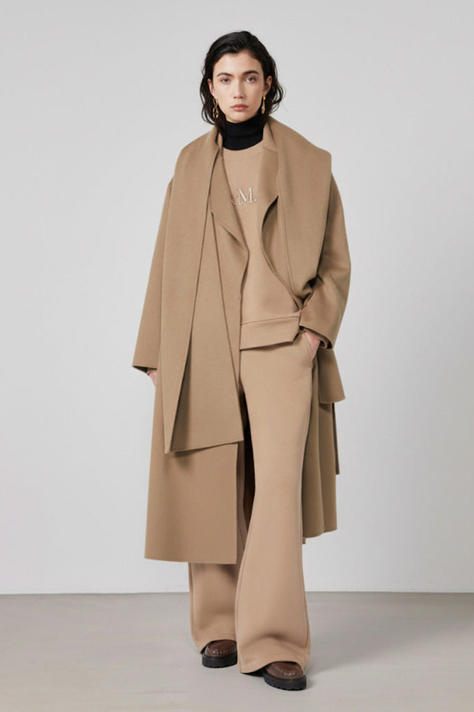 Max Mara Style Reversible Wool Wrap Coat with Scarf Collar – Elegant Mid-Length Bathrobe Design