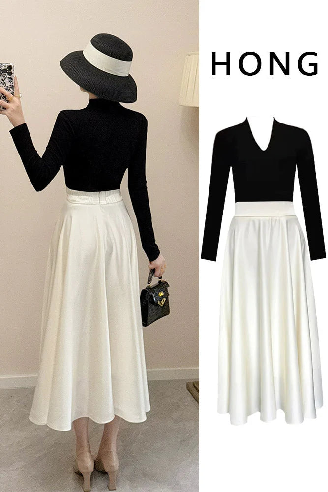 2025 Autumn French Audrey Hepburn Fashion  Acetate Satin Skirt Set – Elegant Long Two-Piece Set with Hat
