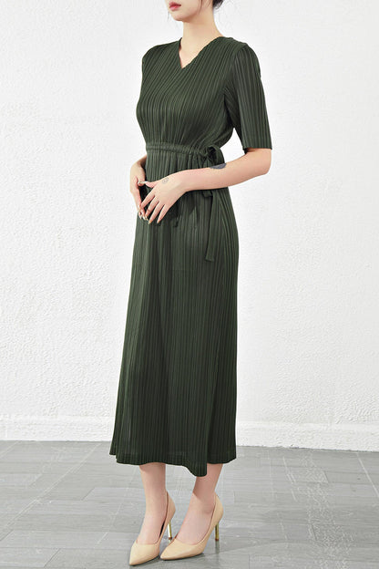 Pleats Please V-Neck Dress – Short-Sleeve Pleated Maxi, Loose Slimming Style