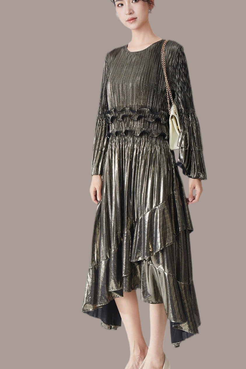 Pleats Please Flared Sleeve A-Line Dress – Irregular Hem Pleated Autumn Winter Style