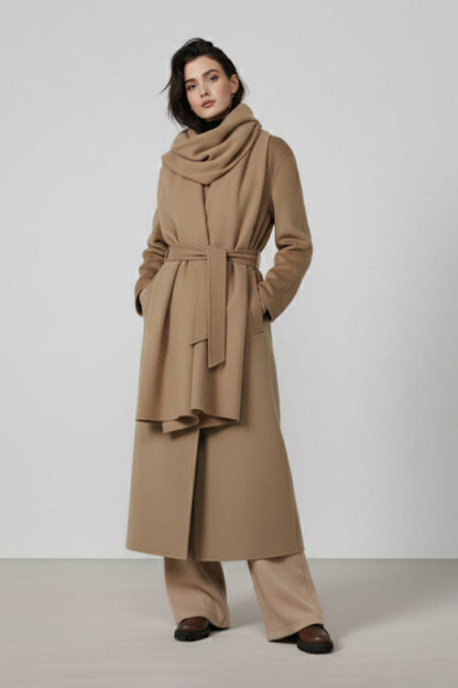Max Mara Style Reversible Wool Wrap Coat with Scarf Collar – Elegant Mid-Length Bathrobe Design