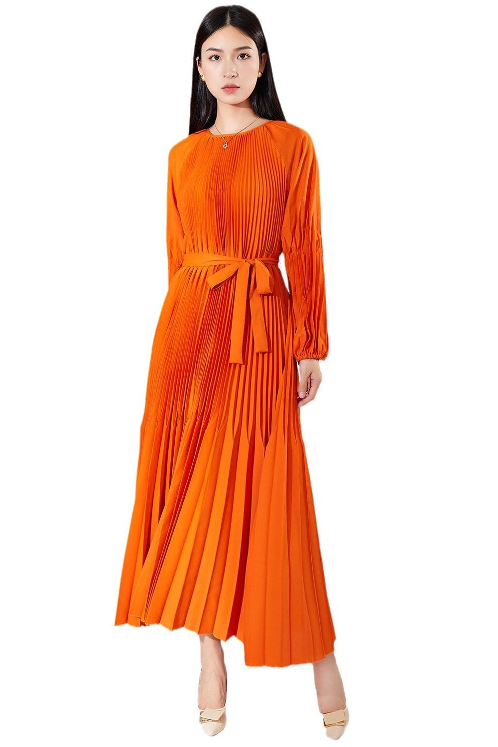 Pleats Please Solid Color Maxi Dress – Lace-Up Waist Elegant Pleated Long Dress