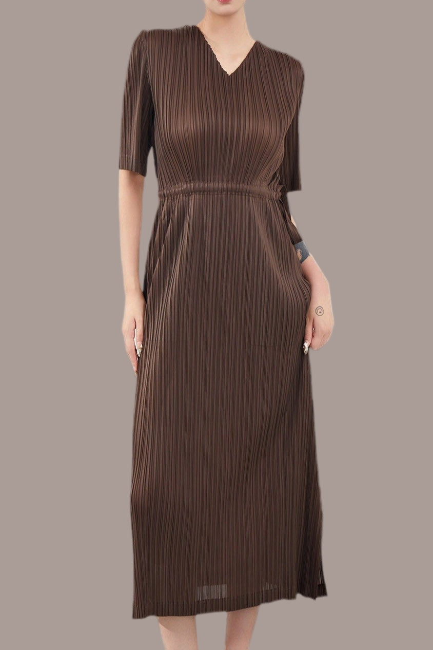 Pleats Please V-Neck Dress – Short-Sleeve Pleated Maxi, Loose Slimming Style