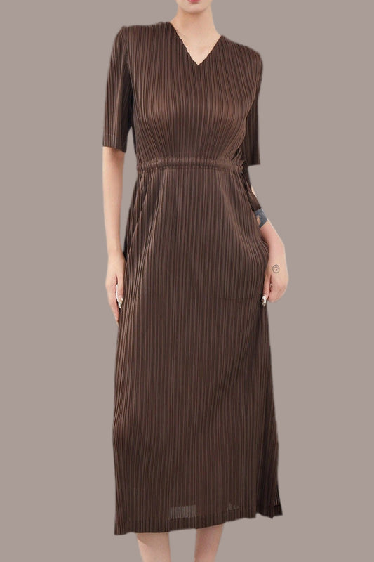 Pleats Please V-Neck Dress – Short-Sleeve Pleated Maxi, Loose Slimming Style