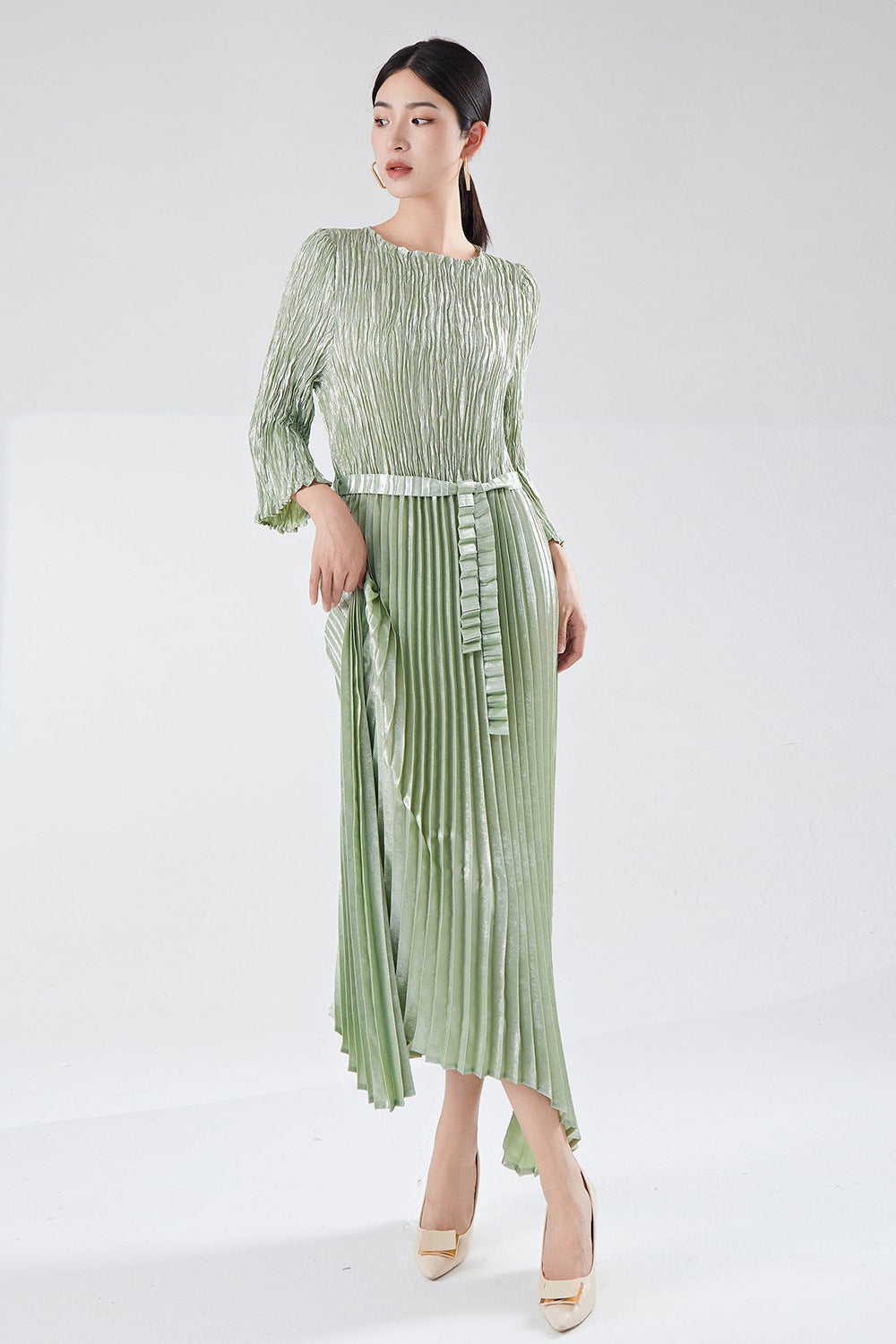 Pleats Please Irregular Bronzing Maxi Dress – Elegant Lace-Up Pleated Long Dress