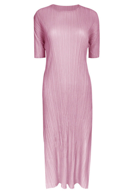 Solid Color Pleated A-Line Dress – Short Sleeve Slim Fit Midi