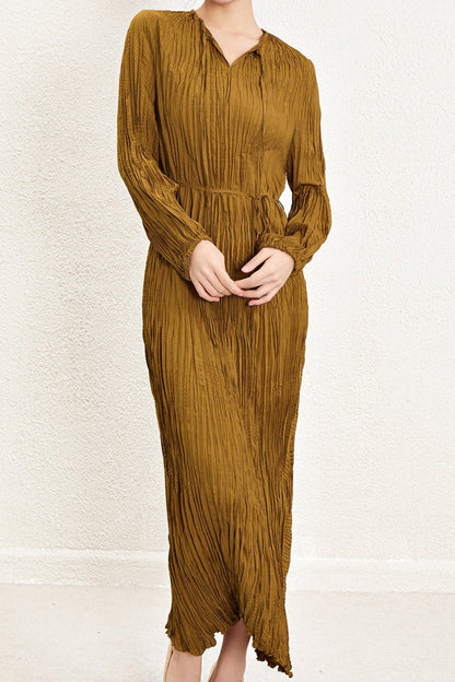 Pleats Please Irregular Pleated Dress – Long-Sleeve Cinched-Waist Elegant Style