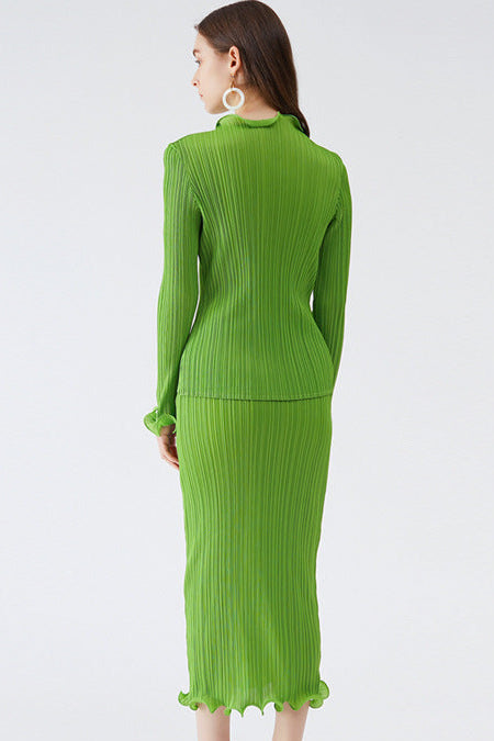 Pleats Please Green Skirt Suit – Fresh Pleated A-Line Two-Piece Set