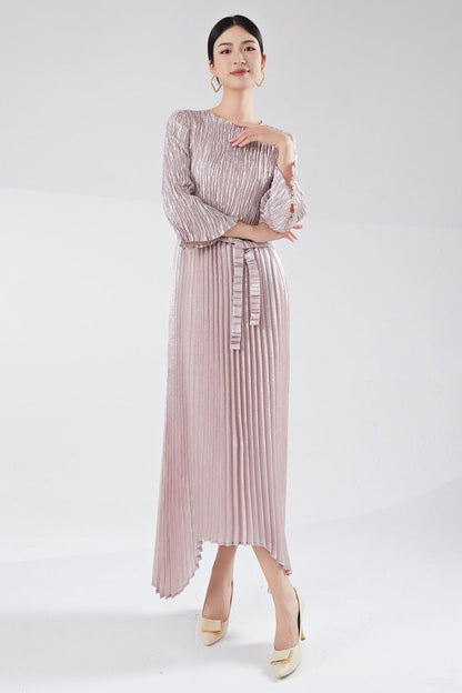 Pleats Please Irregular Bronzing Maxi Dress – Elegant Lace-Up Pleated Long Dress