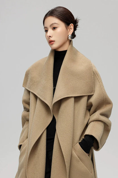 Max Mara Style Double-Face Cashmere Wool Wrap Coat – Elegant Belted Long Coat for Women