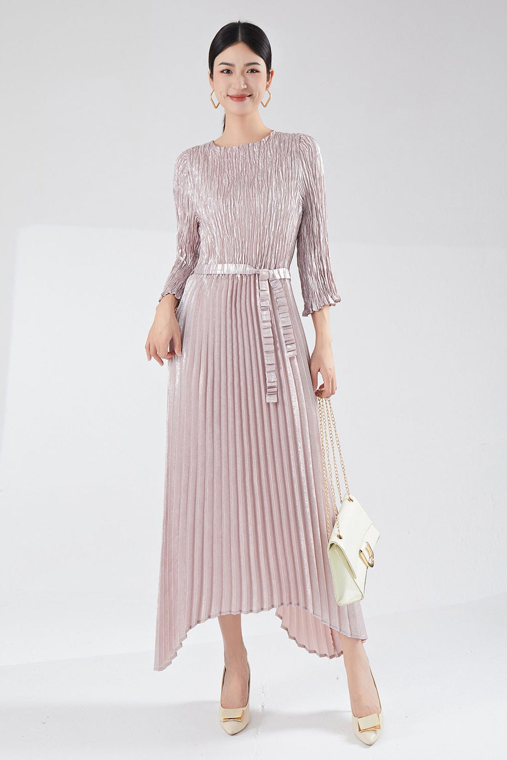 Pleats Please Irregular Bronzing Maxi Dress – Elegant Lace-Up Pleated Long Dress