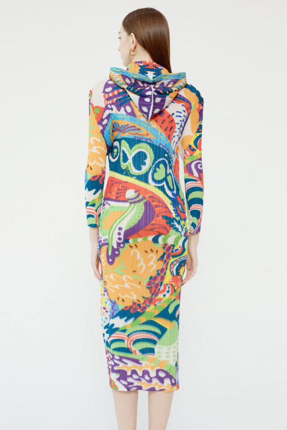 2025 New Spring Pleated Long Sleeve Casual Style Midi Skirt with Graffiti Colorful Slim Hooded Dress