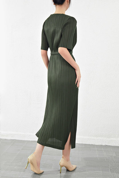 Pleats Please V-Neck Dress – Short-Sleeve Pleated Maxi, Loose Slimming Style