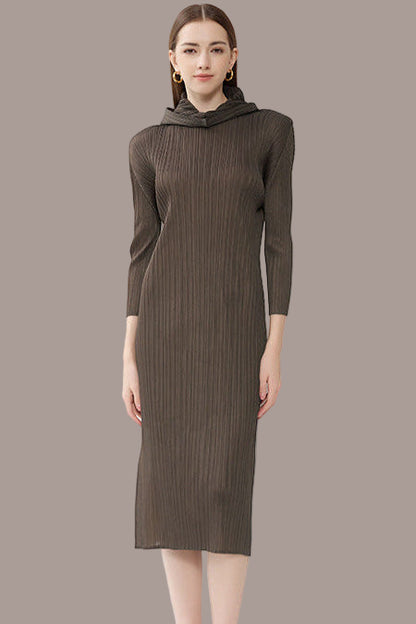 Pleated Hooded A-Line Dress – Solid Color Slim Long Sleeve Winter Style
