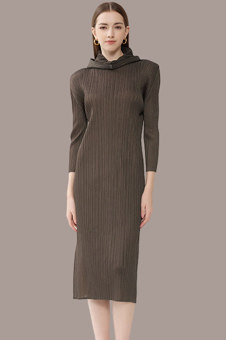 Pleated Hooded A-Line Dress – Solid Color Slim Long Sleeve Winter Style