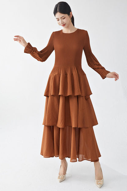 Pleats Please Long-Sleeve A-Line Dress – Elegant Layered Cake Pleated Maxi