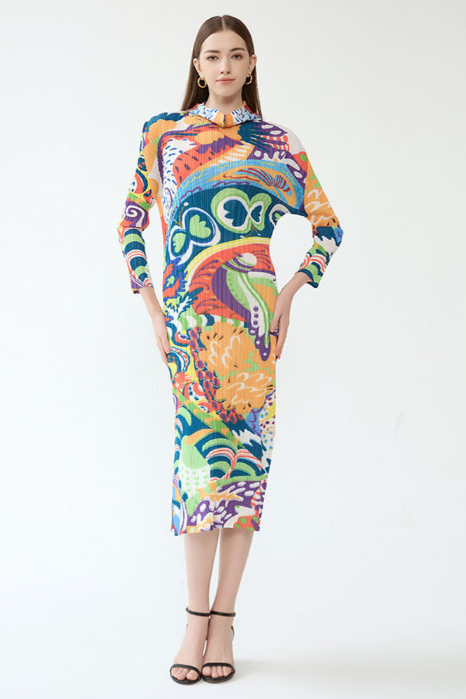 2025 New Spring Pleated Long Sleeve Casual Style Midi Skirt with Graffiti Colorful Slim Hooded Dress