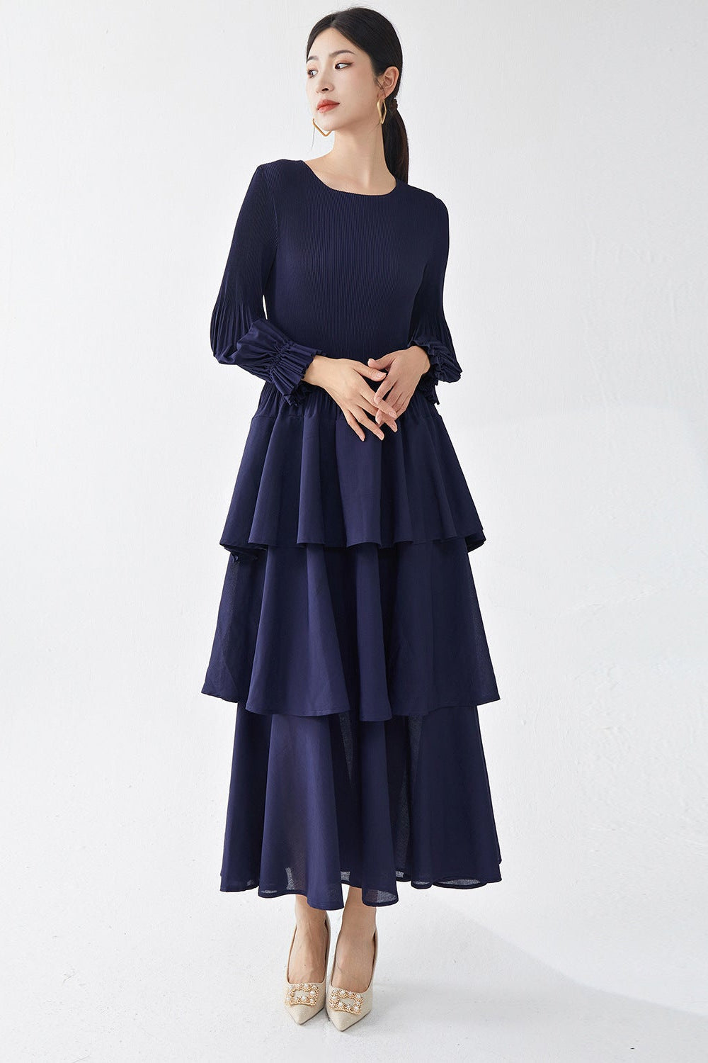 Pleats Please Long-Sleeve A-Line Dress – Elegant Layered Cake Pleated Maxi