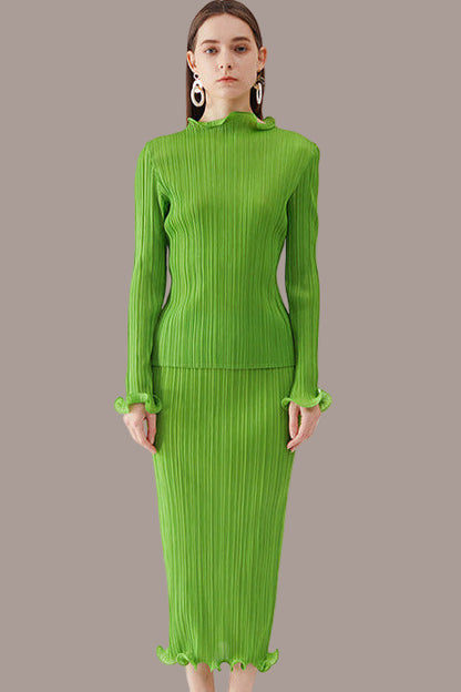 Pleats Please Green Skirt Suit – Fresh Pleated A-Line Two-Piece Set