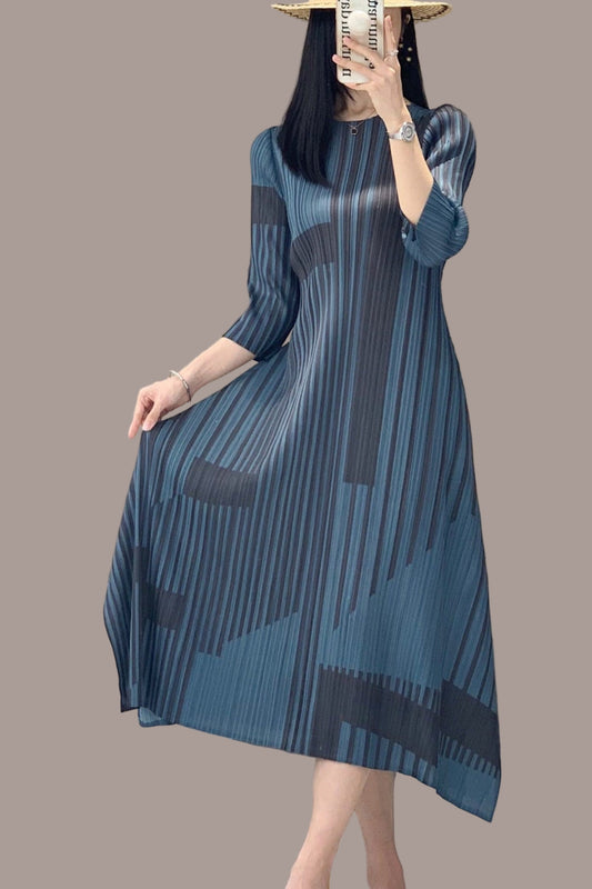 Miyake stripe print vintage dress women's spring and summer high-end pleats waist slimming crew neck bottom long skirt