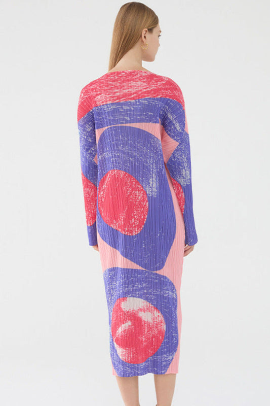 Pleated Vintage Circle Print Midi Dress – Slim Long Sleeve Round Neck