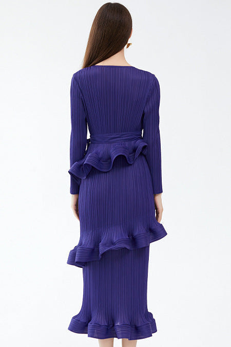 Pleated Ruffled Lace-Up Midi Dress – Slim Long Sleeve Women’s Style