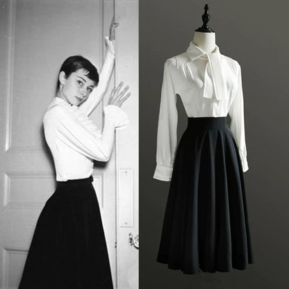 Audrey Hepburn Style Midi Skirt – Umbrella Skirt Black Elegant Skirt Set for Evening and Formal Occasion