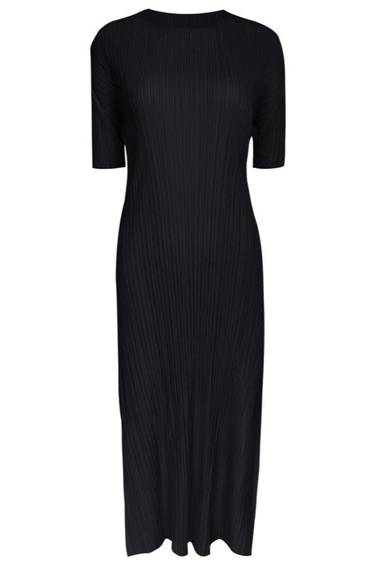 Solid Color Pleated A-Line Dress – Short Sleeve Slim Fit Midi