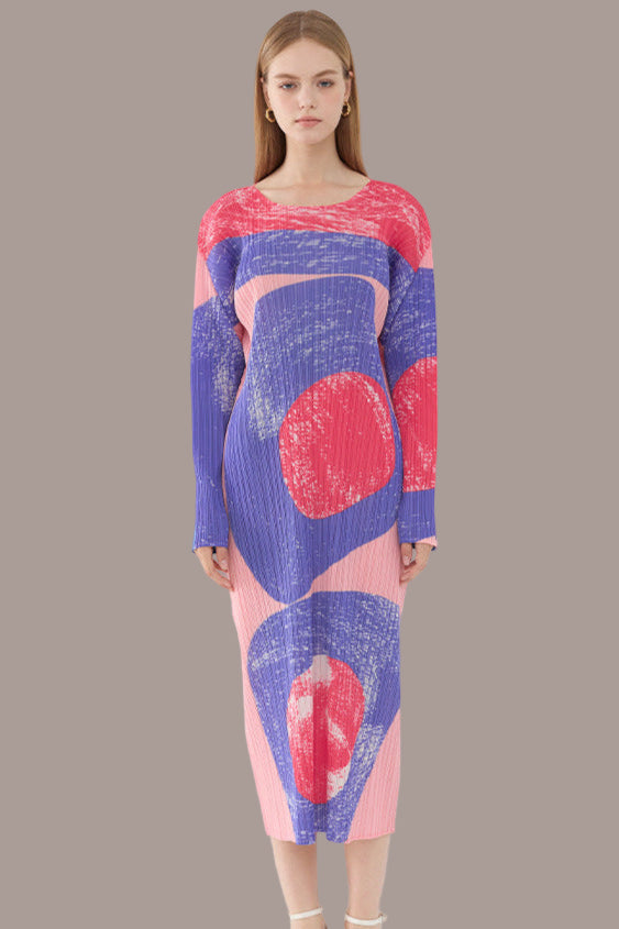 Pleated Vintage Circle Print Midi Dress – Slim Long Sleeve Round Neck