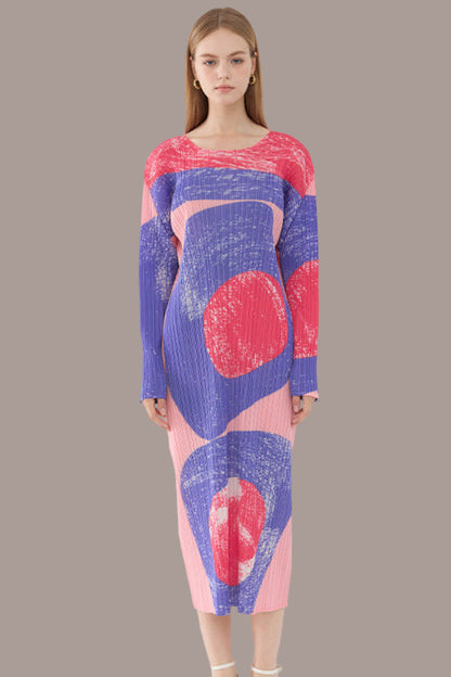 Pleated Vintage Circle Print Midi Dress – Slim Long Sleeve Round Neck