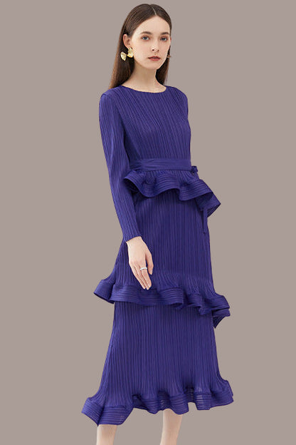 Pleated Ruffled Lace-Up Midi Dress – Slim Long Sleeve Women’s Style