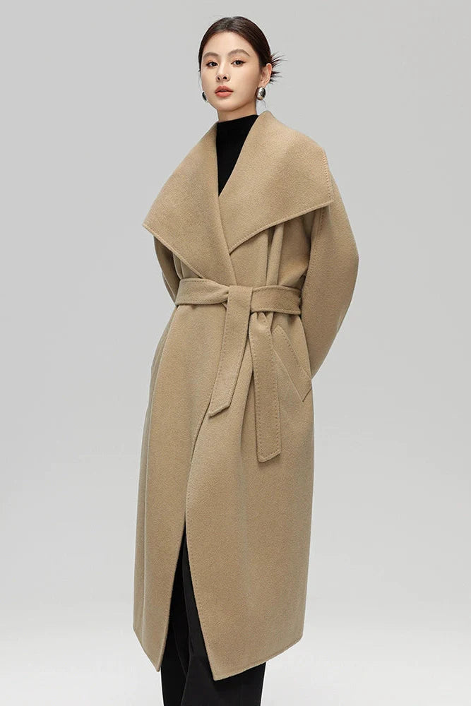 Max Mara Style Double-Face Cashmere Wool Wrap Coat – Elegant Belted Long Coat for Women