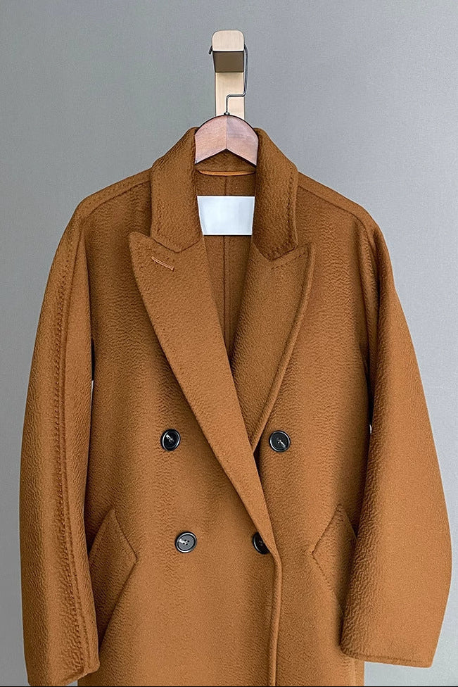 Max Mara Style Double-Breasted Cashmere Wool Coat | Long Water-Corrugated Texture