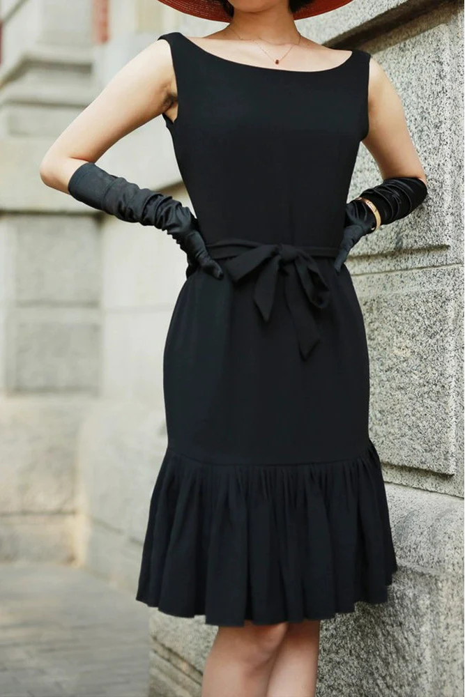 Audrey Hepburn Fashion Black Dress – Restored Classic, Exclusive High-End Custom “Breakfast at Tiffany’s” Sleeveless Little Black Dress with Ruffled Hem and Mermaid Silhouette