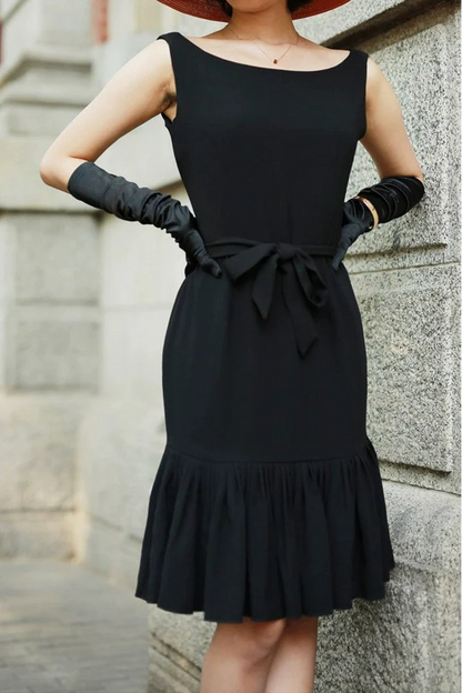 Audrey Hepburn Fashion Black Dress – Restored Classic, Exclusive High-End Custom “Breakfast at Tiffany’s” Sleeveless Little Black Dress with Ruffled Hem and Mermaid Silhouette