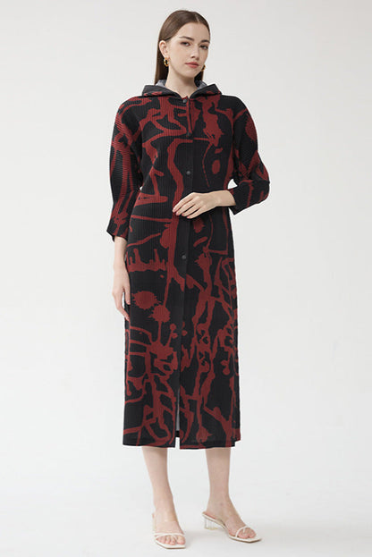 Pleated Printed Hooded Cloak Dress – Long Sleeve Single-Breasted Style