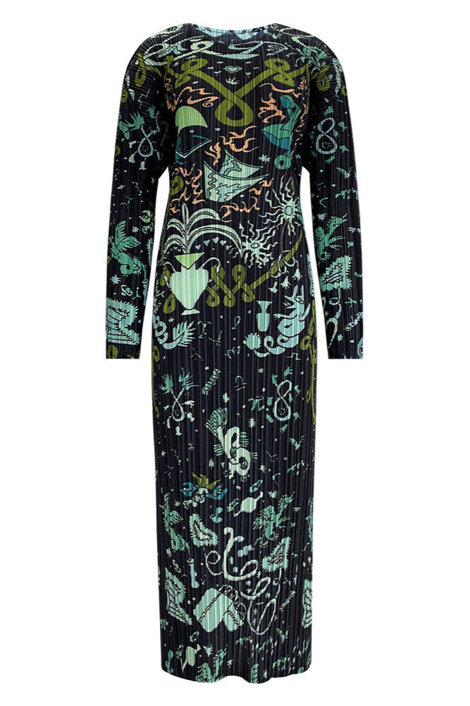 Pleated Printed Maxi Dress – Elegant Loose Long Sleeve Style