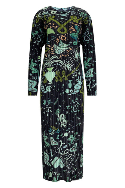 Pleated Printed Maxi Dress – Elegant Loose Long Sleeve Style
