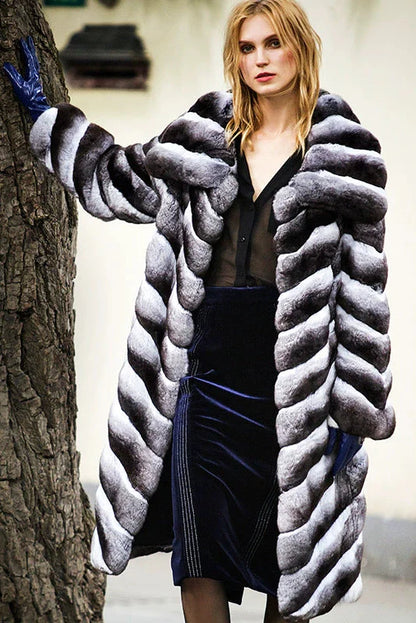 Luxury Chinchilla Fur Long Coat with Lapel