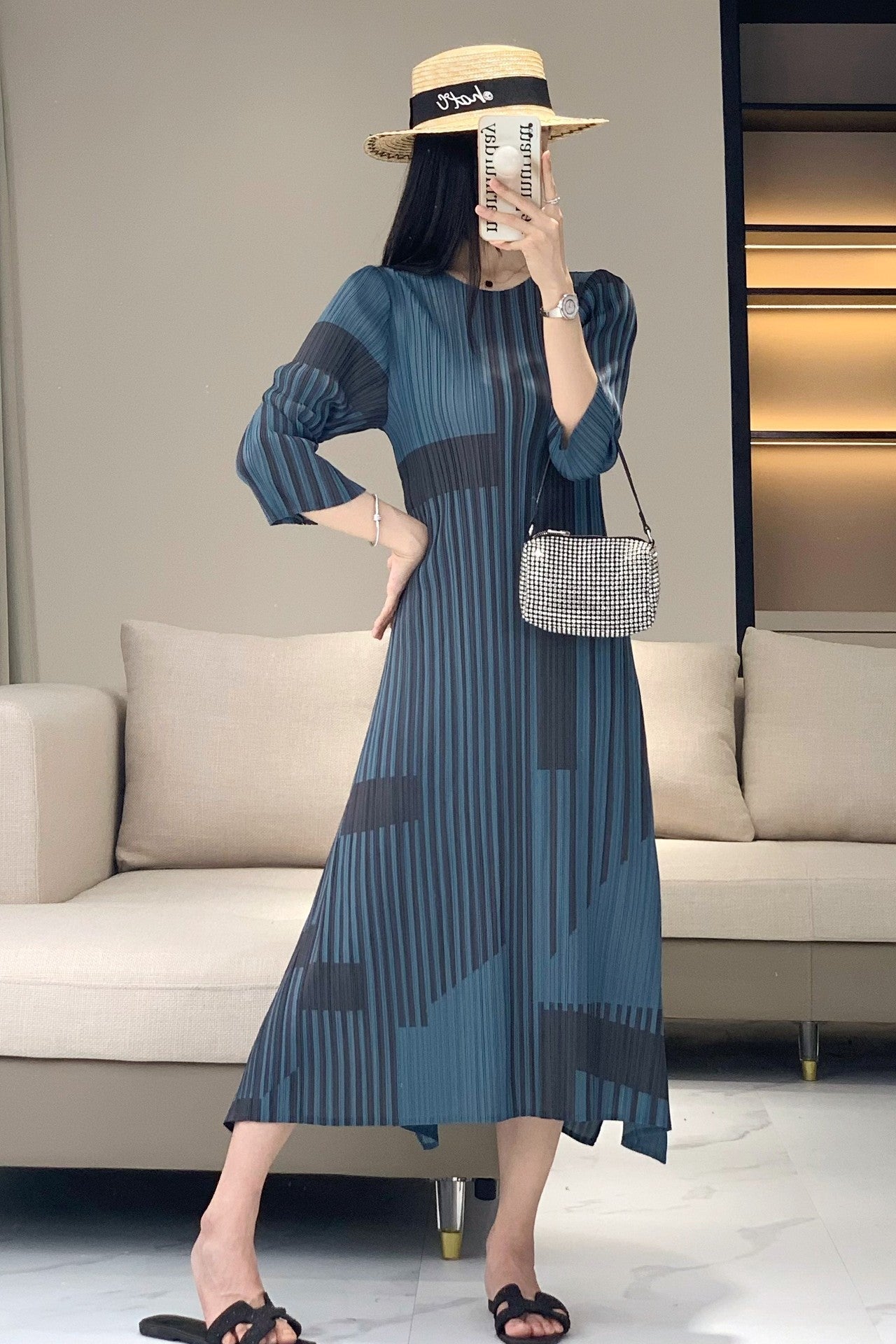 Miyake stripe print vintage dress women's spring and summer high-end pleats waist slimming crew neck bottom long skirt