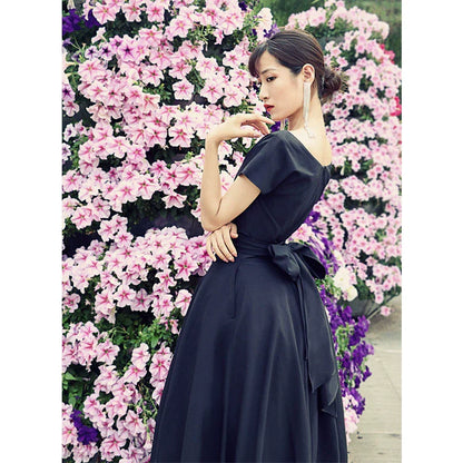 Hepburn little black dress women's summer new retro bow tie waist slim fluffy princess dress