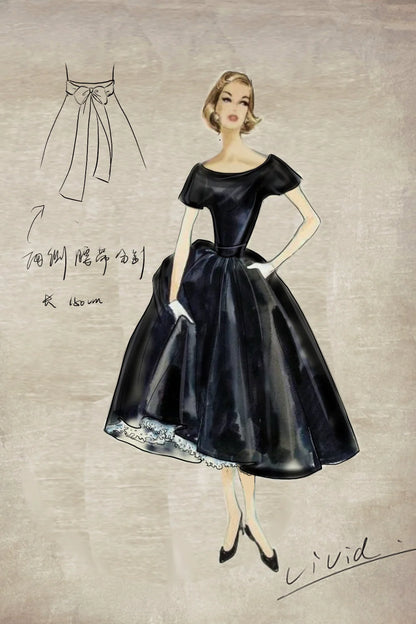 Hepburn little black dress women's summer new retro bow tie waist slim fluffy princess dress