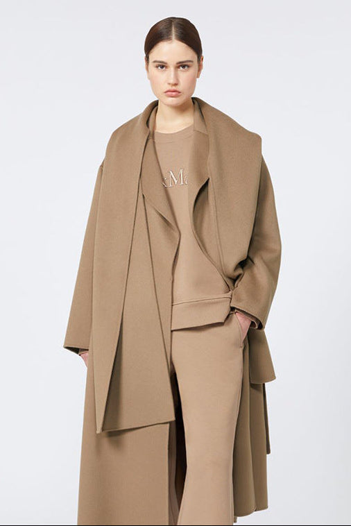 Max Mara Style Reversible Wool Wrap Coat with Scarf Collar – Elegant Mid-Length Bathrobe Design