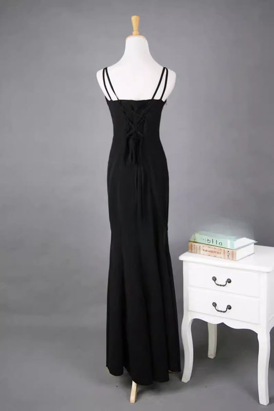 1:1 Recreated Audrey Hepburn Breakfast at Tiffany’s Dress – Elegant Long Black Dress with Straps, Perfect for Evening, Black-Tie & Formal Events