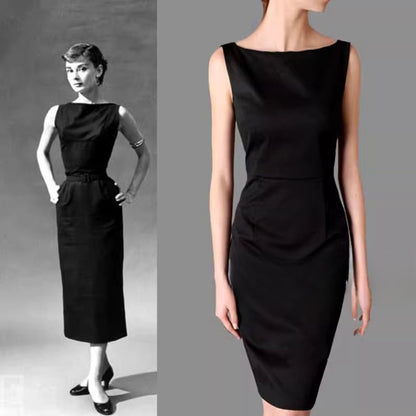 1:1 Restored & Improved Audrey Hepburn Fashion Black Dress – Elegant Sleeveless Boat Neck Little Black Dress with Fitted Waist & Long Dress