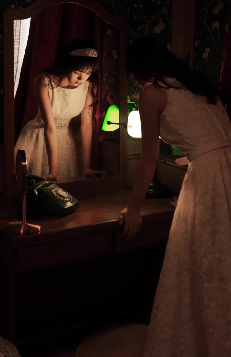 Refined Audrey Hepburn Inspired Oscar Dress – Custom White Lace Off-Shoulder Gown with Classic Elegance