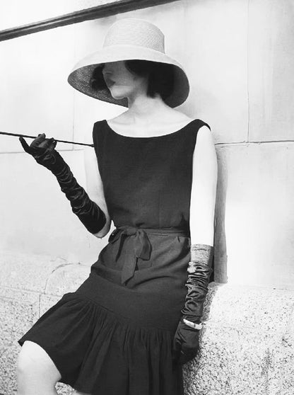 Audrey Hepburn Fashion Black Dress – Restored Classic, Exclusive High-End Custom “Breakfast at Tiffany’s” Sleeveless Little Black Dress with Ruffled Hem and Mermaid Silhouette