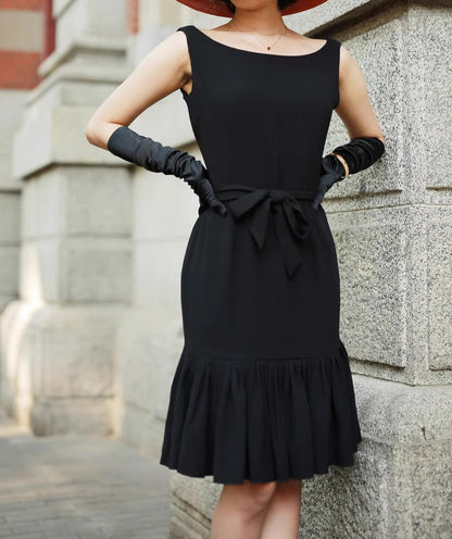 Audrey Hepburn Fashion Black Dress – Restored Classic, Exclusive High-End Custom “Breakfast at Tiffany’s” Sleeveless Little Black Dress with Ruffled Hem and Mermaid Silhouette