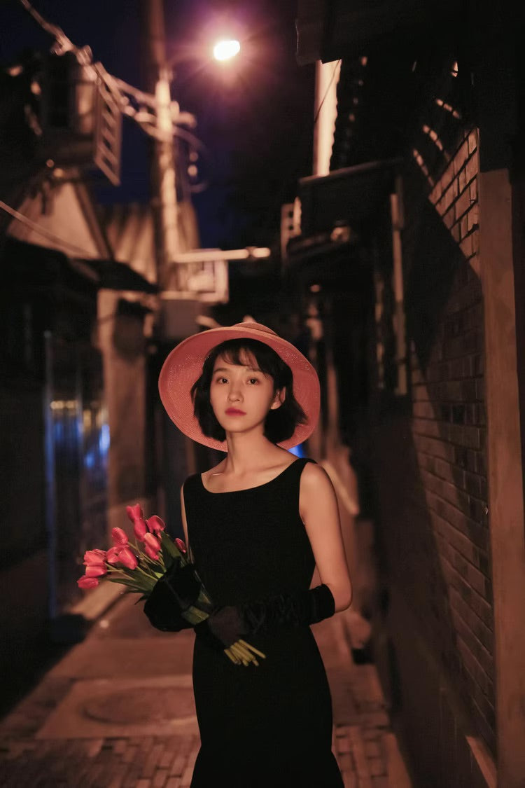 Audrey Hepburn Fashion Black Dress – Restored Classic, Exclusive High-End Custom “Breakfast at Tiffany’s” Sleeveless Little Black Dress with Ruffled Hem and Mermaid Silhouette